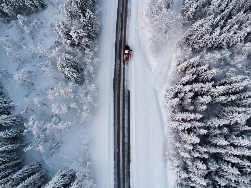 Drone shot of a winter road through a snowy forest in Harstad, Norway, featuring a lone vehicle.