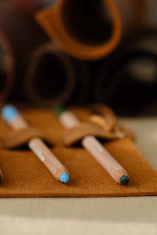 Close-up of Colored Pencils in a Leather Roll-up Case