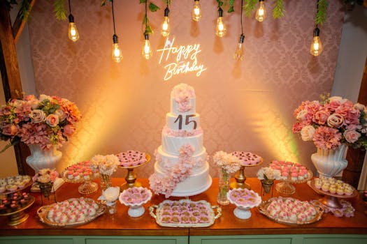 Elegant 15th birthday cake display with floral decor and colorful sweets under warm lighting.
