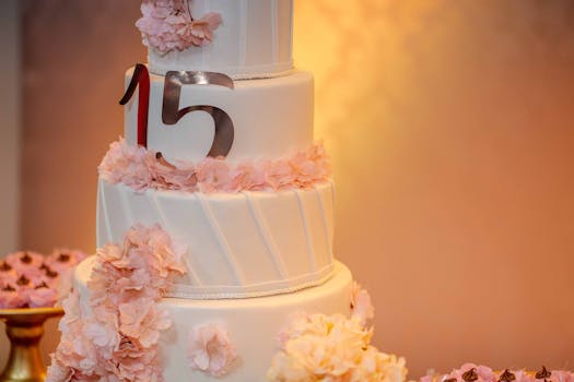 Stunning three-tier cake adorned with pink flowers for a quinceañera celebration.