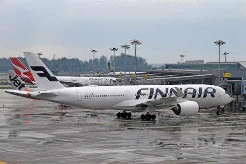 Finnair Airplane at Airport in Rain