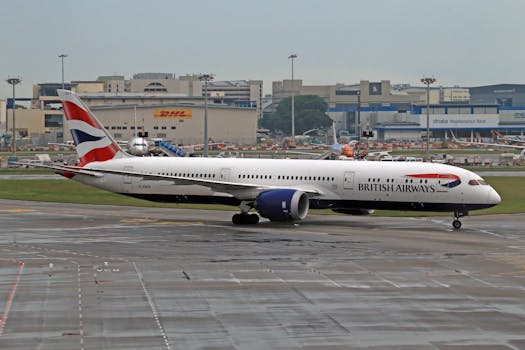 British Airways Boeing 787 Dreamliner at airport runway, ready for takeoff.