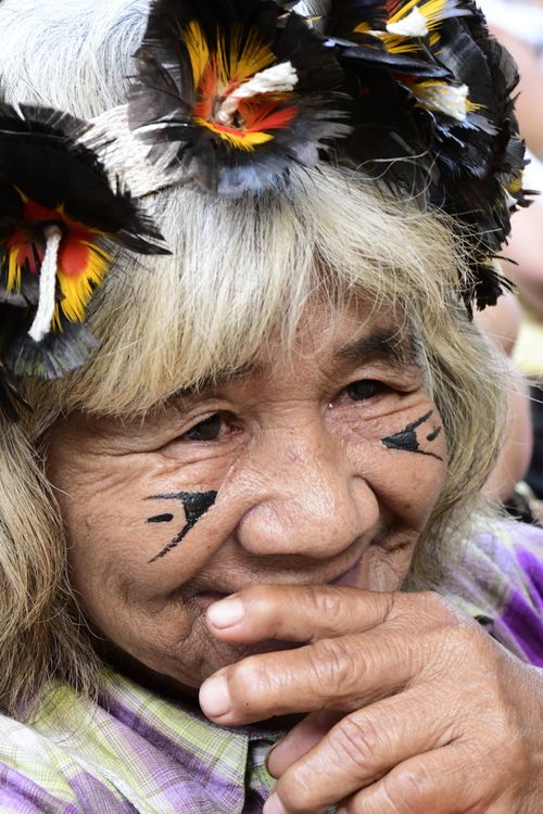 Free Portrait of an elderly indigenous woman wearing traditional face paint and feathered headdress, smiling warmly. Stock Photo