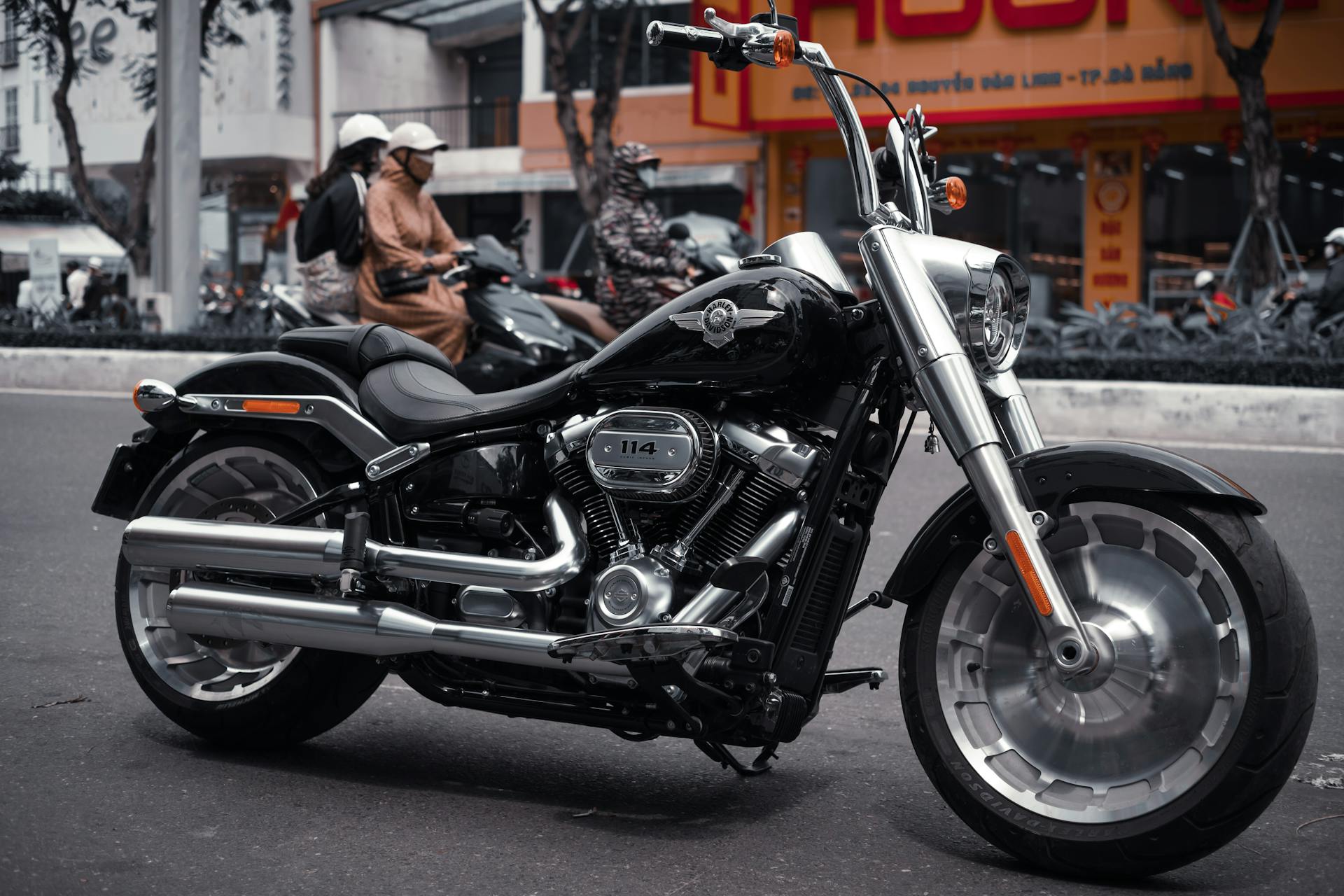 Black Harley Davidson Fat Boy 114 on Street