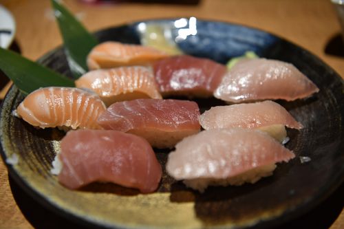 Free Close-up of delicious assorted nigiri sushi on a decorative plate featuring fresh seafood. Stock Photo