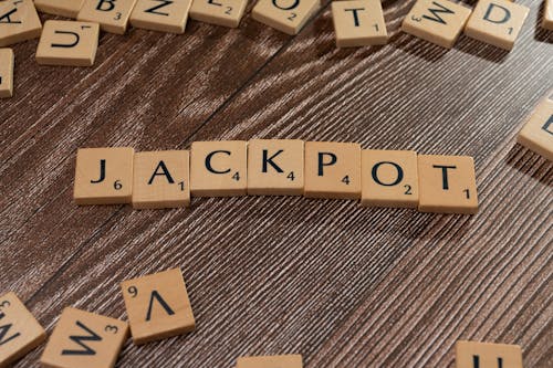 The word jackpot spelled out in scrabble letters