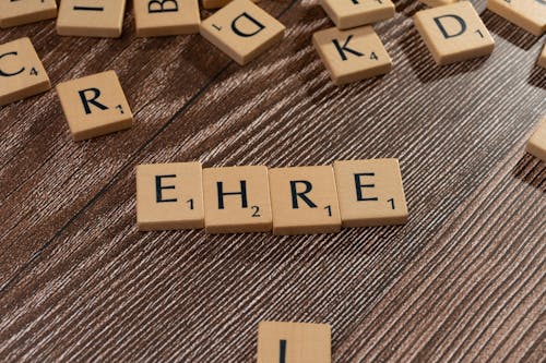 Close-up of a Word Made of Scrabble Game Letter Tiles on a Table 