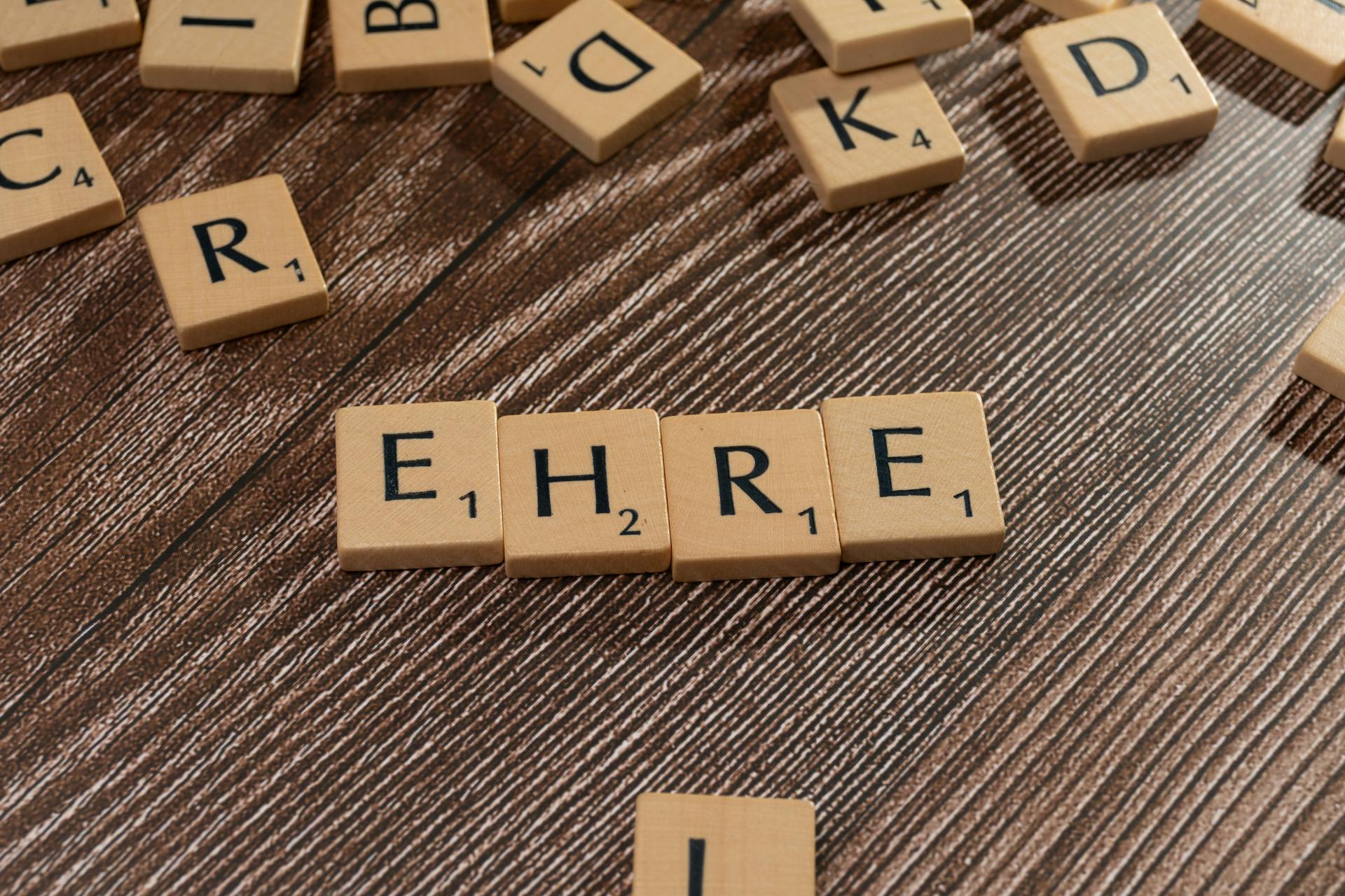 Close-up of a Word Made of Scrabble Game Letter Tiles on a Table