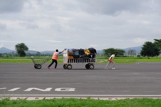 Two ground staff members towing luggage carts on an airport tarmac under cloudy skies.