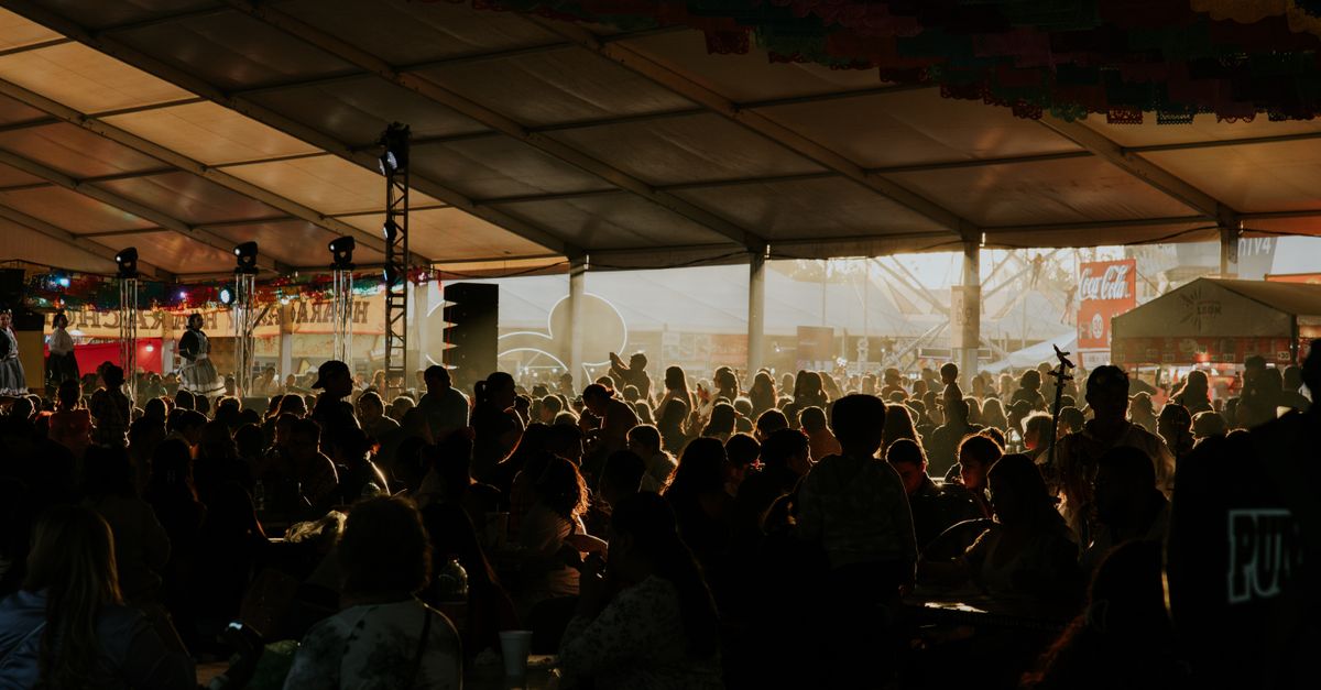 Silhouetted festival crowd enjoying an indoor event under a large tent, immersed in music and atmosphere.