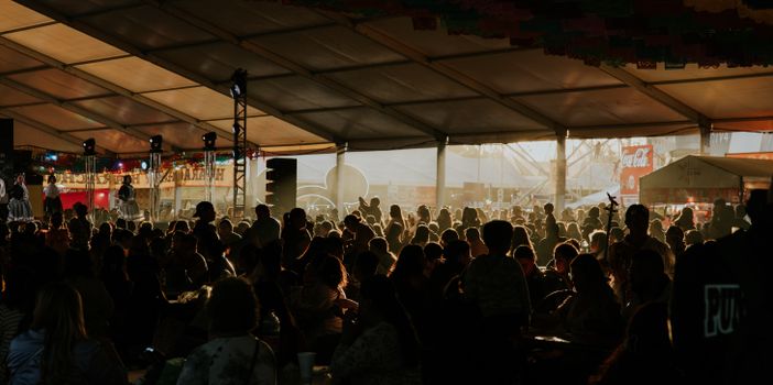 Silhouetted festival crowd enjoying an indoor event under a large tent, immersed in music and atmosphere.
