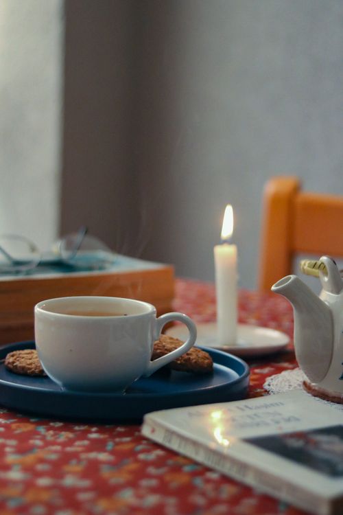 Free A warm tea cup with cookies on a table, accompanied by a book and a candle. Stock Photo