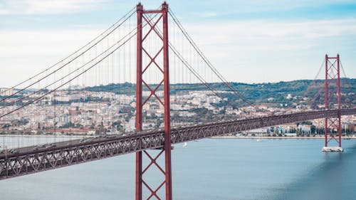 View of the 25 de Abril Bridge Connecting Lisbon to Almada in Portugal 
