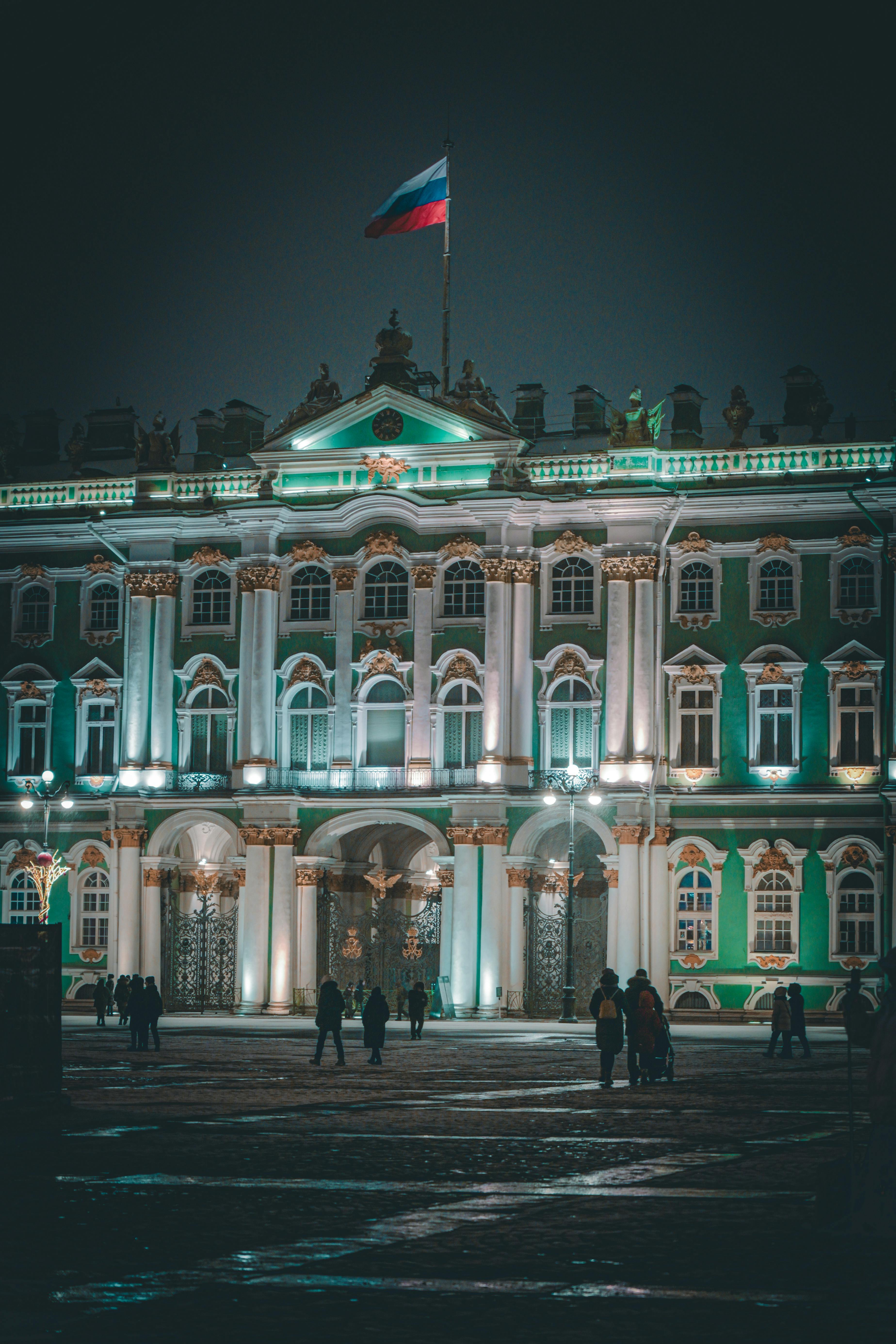 illuminated facade of the winter palace in st petersburg russia
