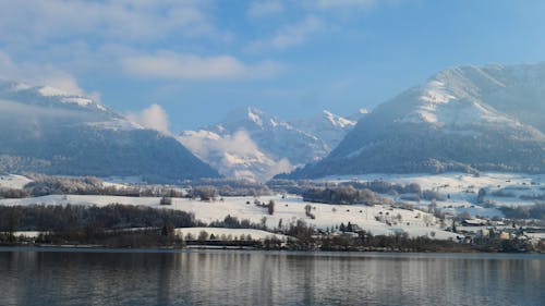 Lake and Hills in Snow behind