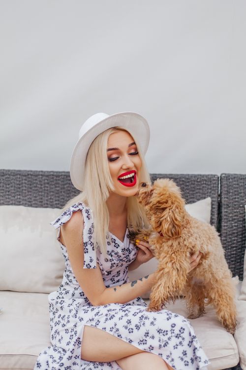 Free Smiling woman with blonde hair and floral dress playing with a fluffy poodle on a sofa outside. Stock Photo