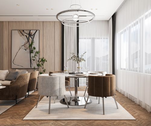 Free Elegant dining area with chic furniture and large windows in a modern setting. Stock Photo