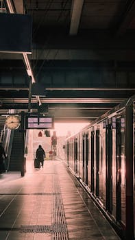 Silhouette at a Berlin train station during sunset, showcasing urban commuting.