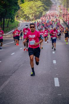 A vibrant marathon in Brasília with runners in pink shirts on urban streets.