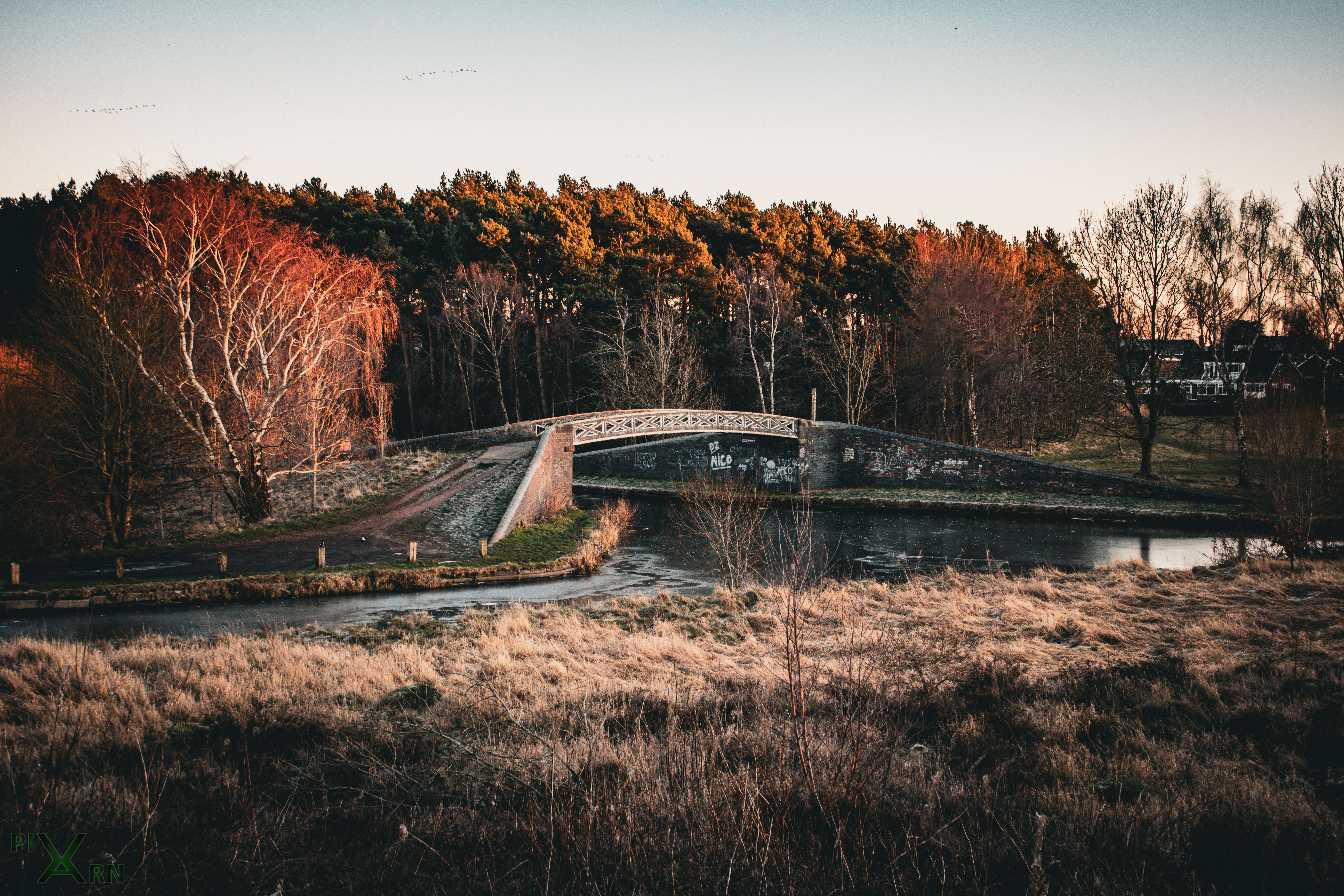 Scenic view of a footbridge over a river in Walsall, England during autumn.