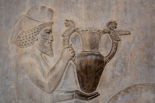 Detailed ancient Persian relief sculpture depicting a man holding a decorative jug.