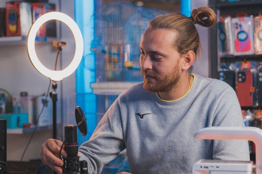 A man sitting in a studio setting adjusting a microphone with a ring light and equipment around.
