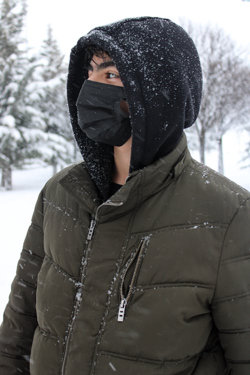 Man in Jacket, Mask and Hood in Winter