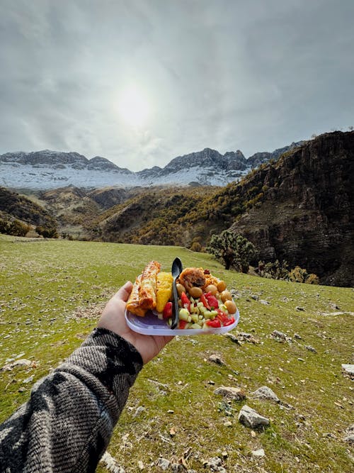 Hand Holding Plate with Food over Grassland in Mountains