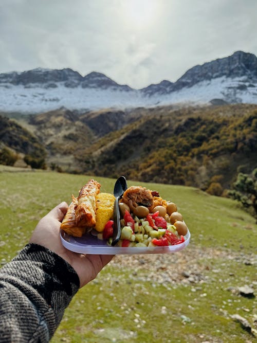 A Person Holding a Plate with Food on the Background of Mountains 