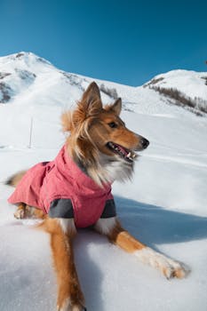 A Collie dog in a pink jacket lying in the snow, enjoying a sunny winter day in Val-d'Isère, France.