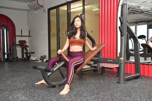 Asian woman in sportswear exercising on gym equipment. Indoor fitness setting.