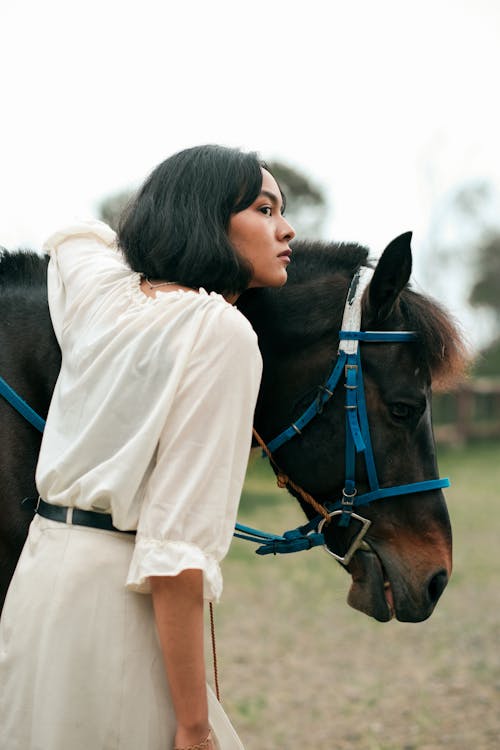 Woman in White Blouse Posing with Bay Horse on the Stud Farm Paddock
