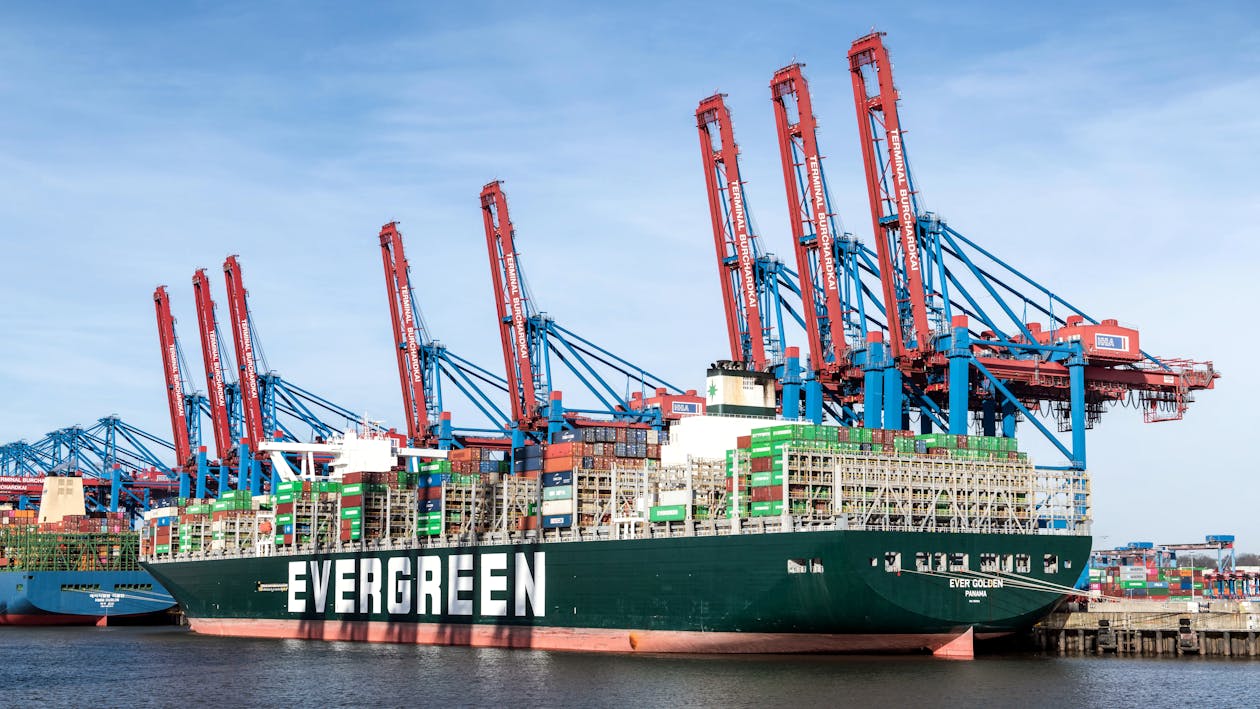 Evergreen Container Ship in Port in Hamburg, Germany