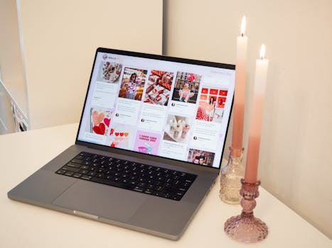 A laptop displaying Valentine's Day images next to lit candles for a cozy ambiance.