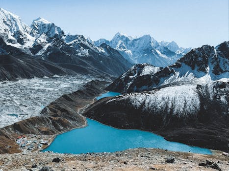 Stunning aerial view of snow-capped Himalayas and a turquoise lake in clear weather, Nepal.