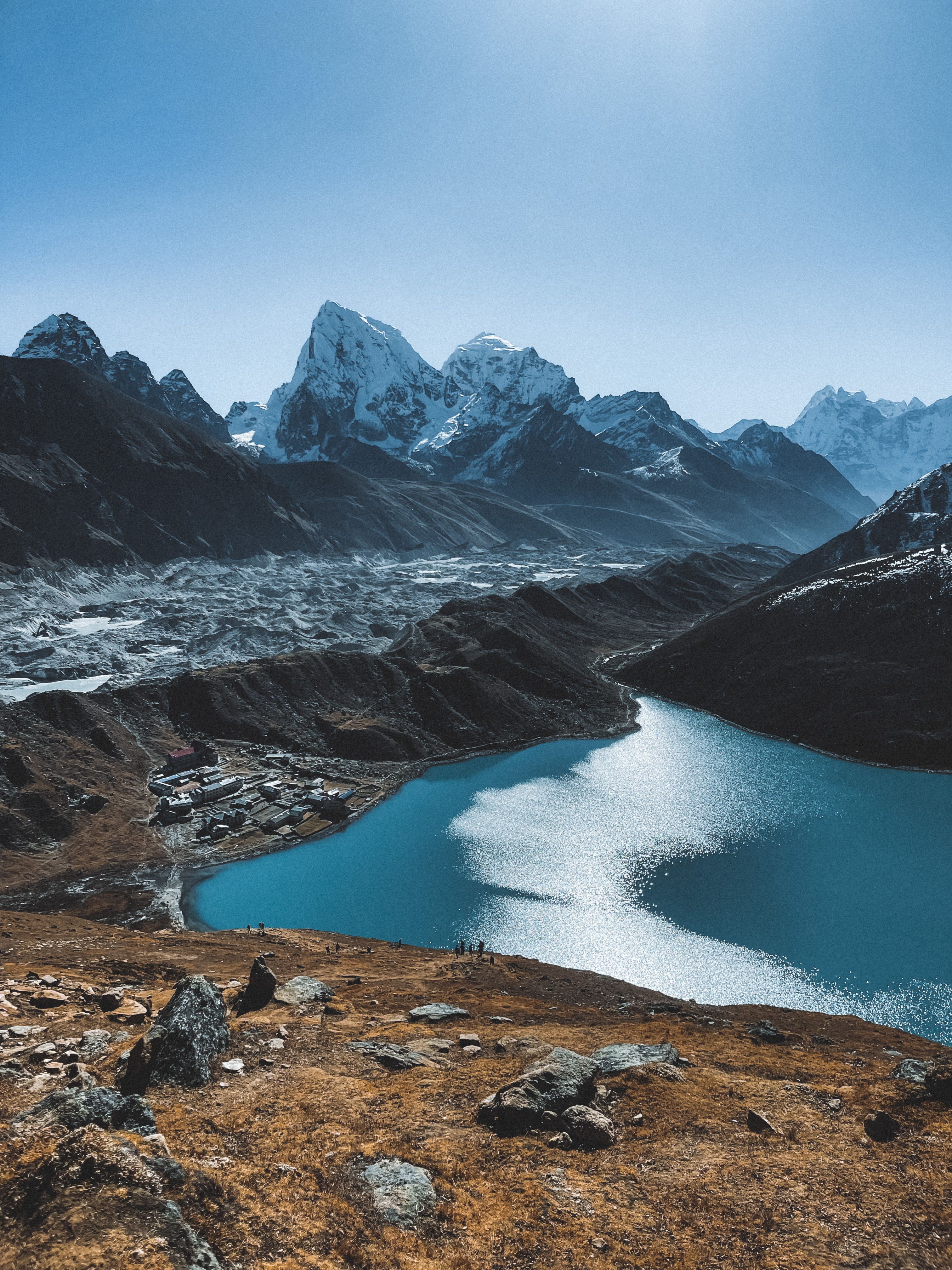 Gokyo village on the shore of the third lake, with the Ngozumpa Glacier behind