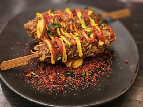 Close-up of ramen-crusted corn dogs with ketchup and mustard drizzle on a black plate.