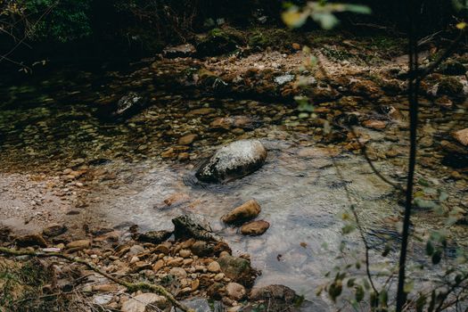 Tranquil river stream flowing over rocks in a wilderness setting, perfect for nature themes.