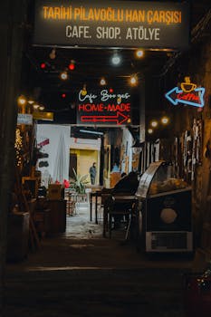 Atmospheric indoor market scene with neon café signs, showcasing a cozy and vintage ambiance.