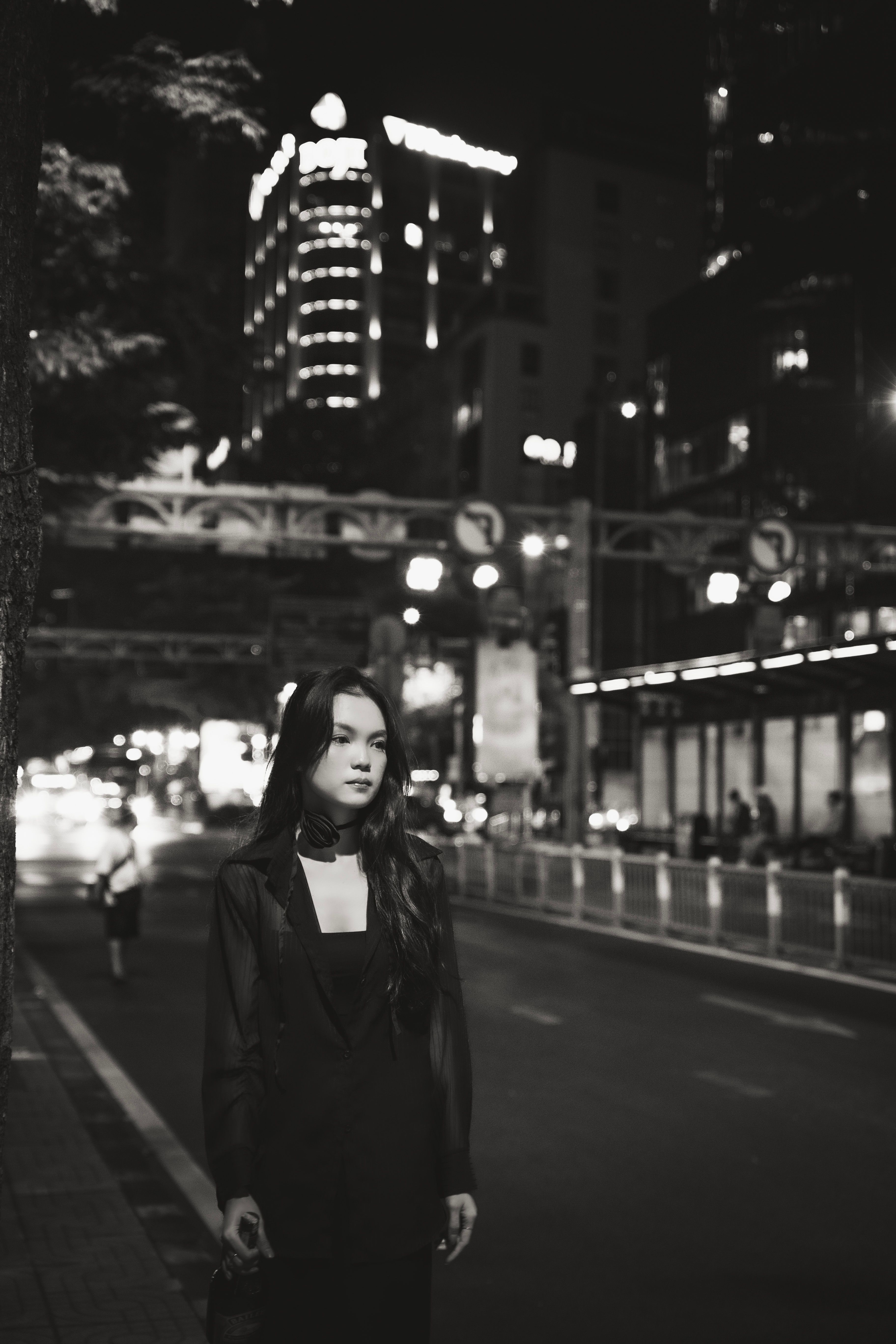 Woman on Street at Night in Black and White · Free Stock Photo