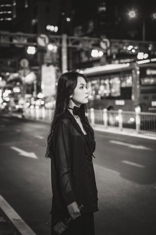 Portrait of Woman on Street in Black and White
