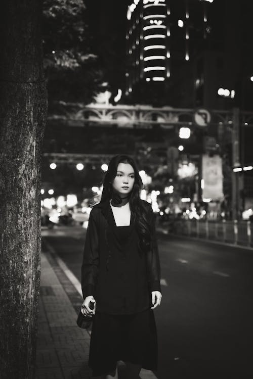 Portrait of Woman in City in Black and White