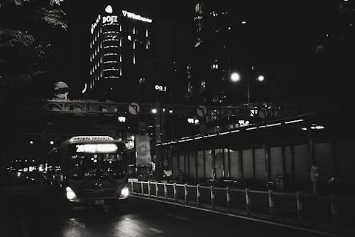 Bus on Street at Night
