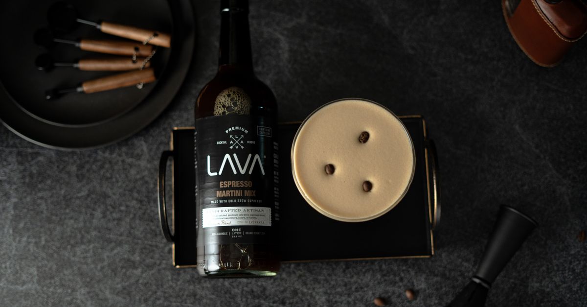 Upscale espresso martini with LAVA mix bottle, perfect for cocktails.