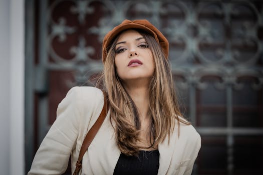 A fashionable woman poses confidently in Lisbon, wearing a brown hat and stylish outfit, exuding elegance.