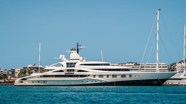 Stunning luxury yacht anchored at the Ibiza harbor under a clear sky. Perfect for travel enthusiasts.