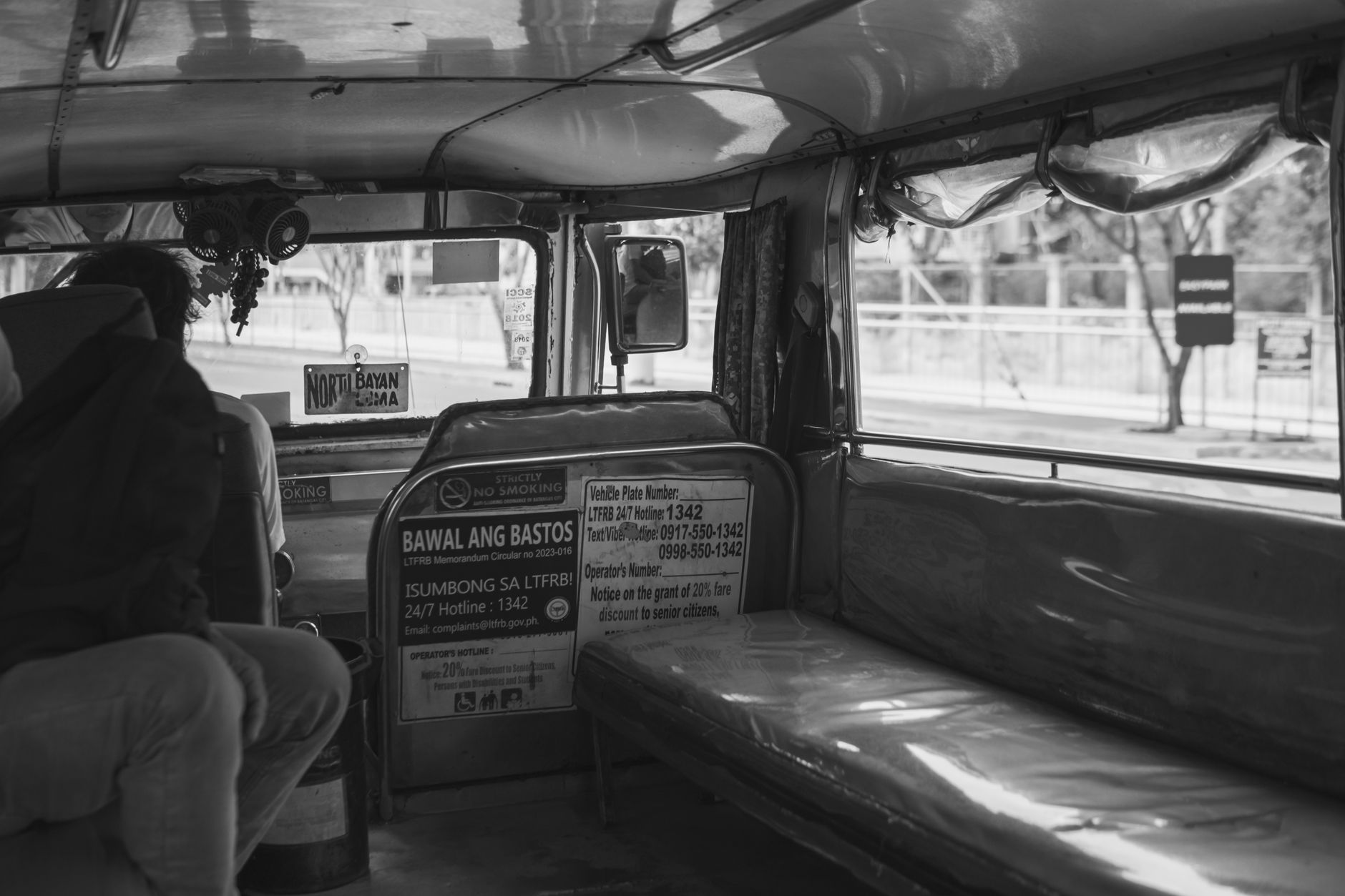 Black and White Shot of a Vintage Bus Interior