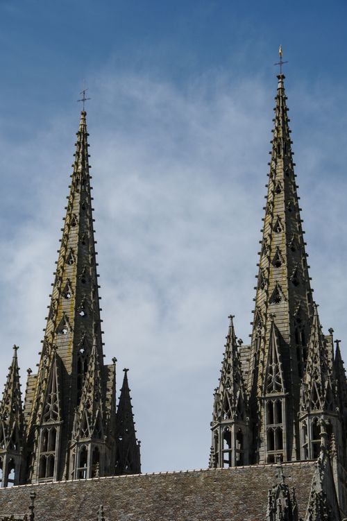 Free Gothic spires of Saint Corentin Cathedral against a clear sky in Quimper, France. Stock Photo