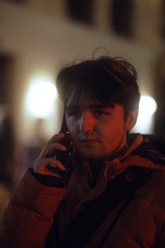 A man with short hair holding a phone at night, in an urban environment.
