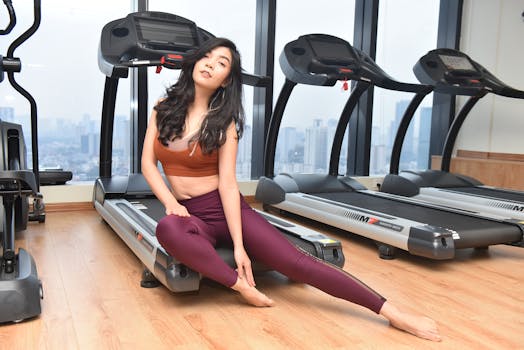 A woman poses in fashionable sportswear beside treadmills in a modern gym environment.